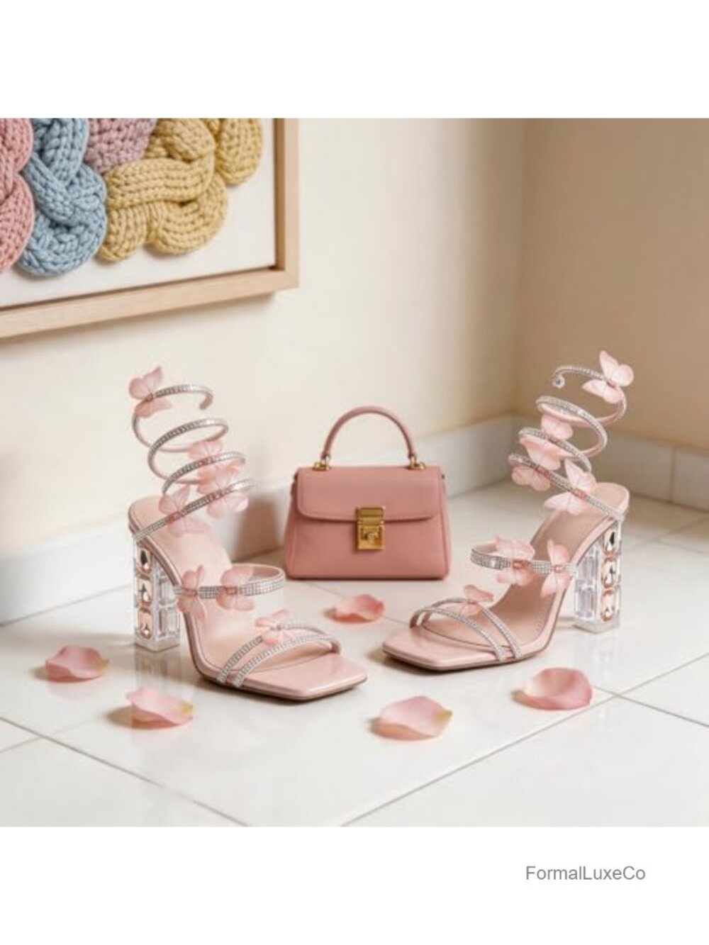 Square Toe Rhinestone Butterfly Prom Sandals Heels - Picture 4 of 6